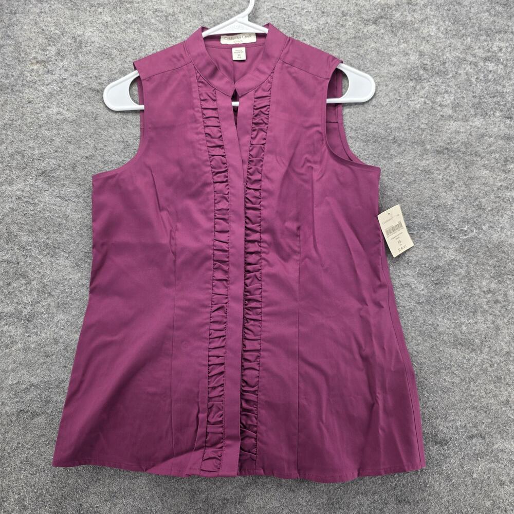 Coldwater Creek Blouse Tunic Womens XS Purple Origami No Iron Ruffle 100% Cotton